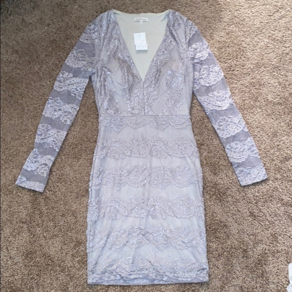 Grey lace dress with long sleeves, knee length